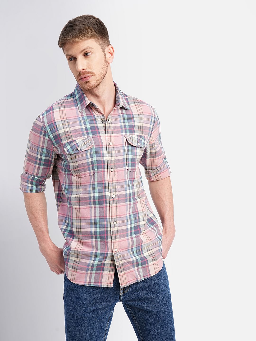 Pink Check Print Full Sleeves Shirt