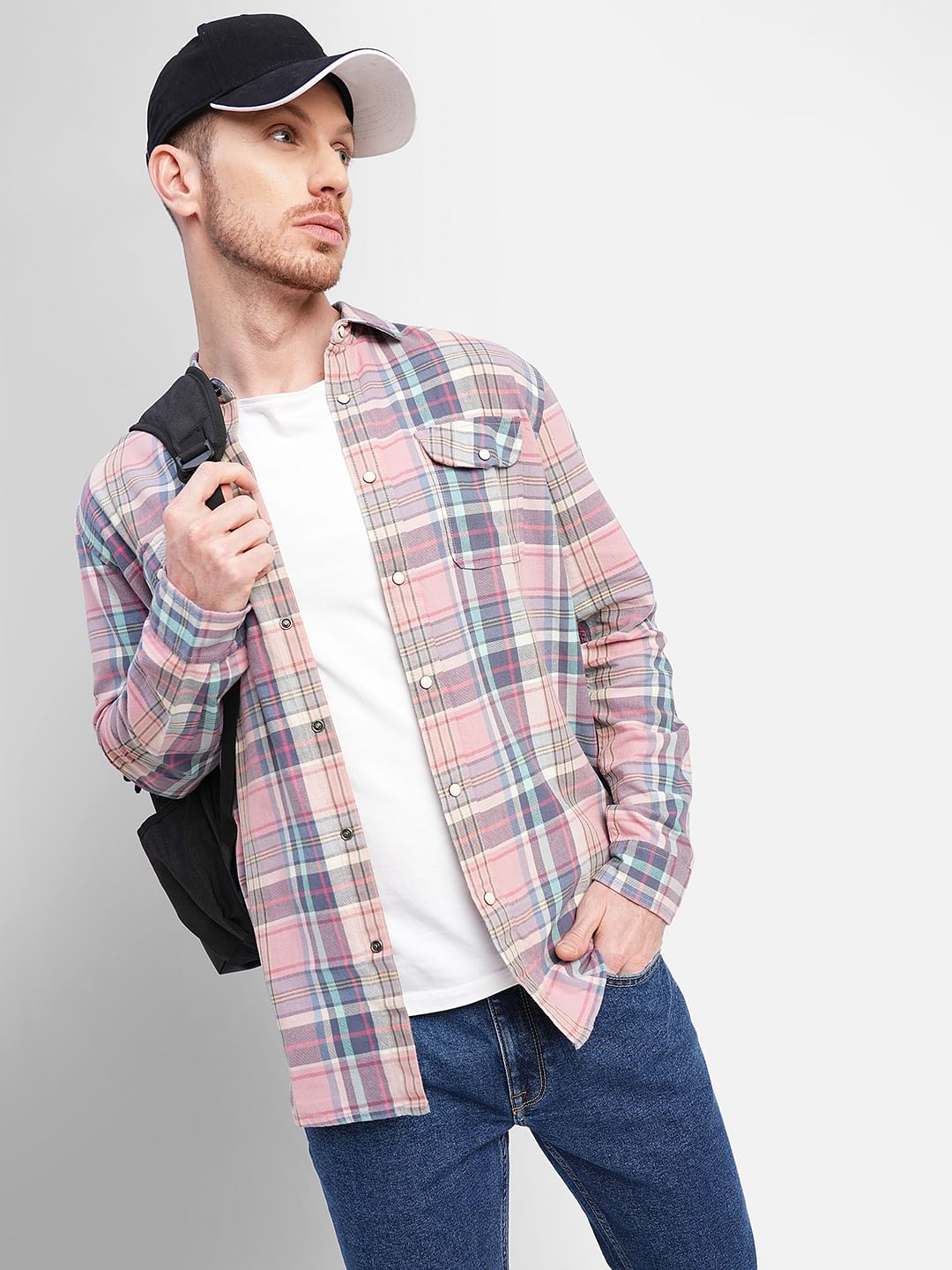 Pink Check Print Full Sleeves Shirt - S