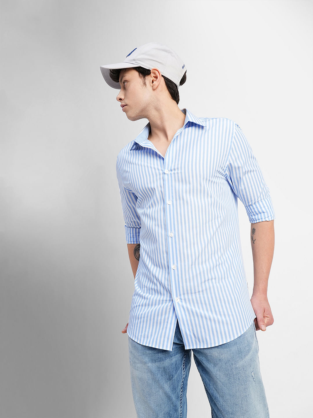 Blue & White Striped Full Sleeves Shirt - S