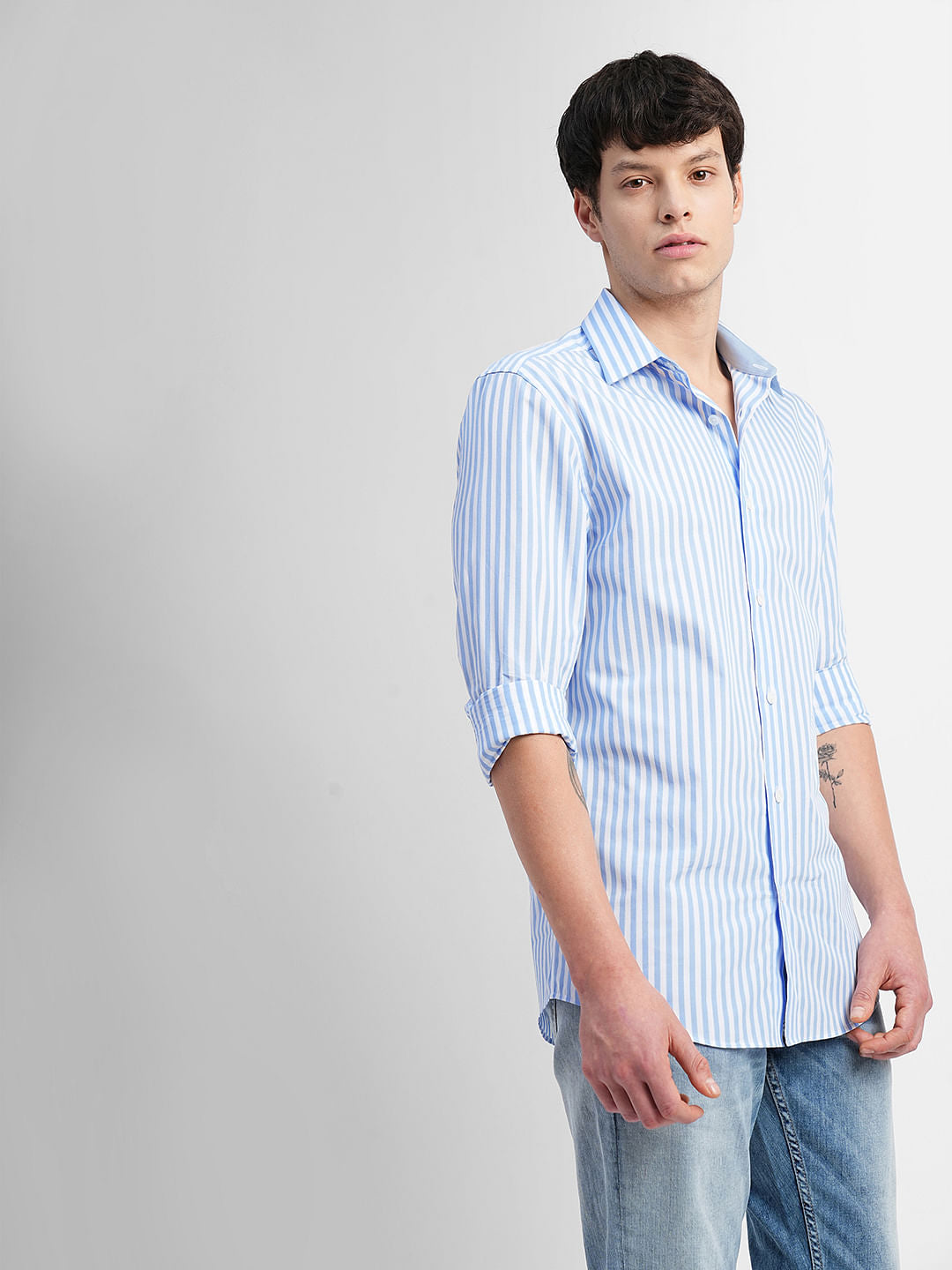 Blue & White Striped Full Sleeves Shirt