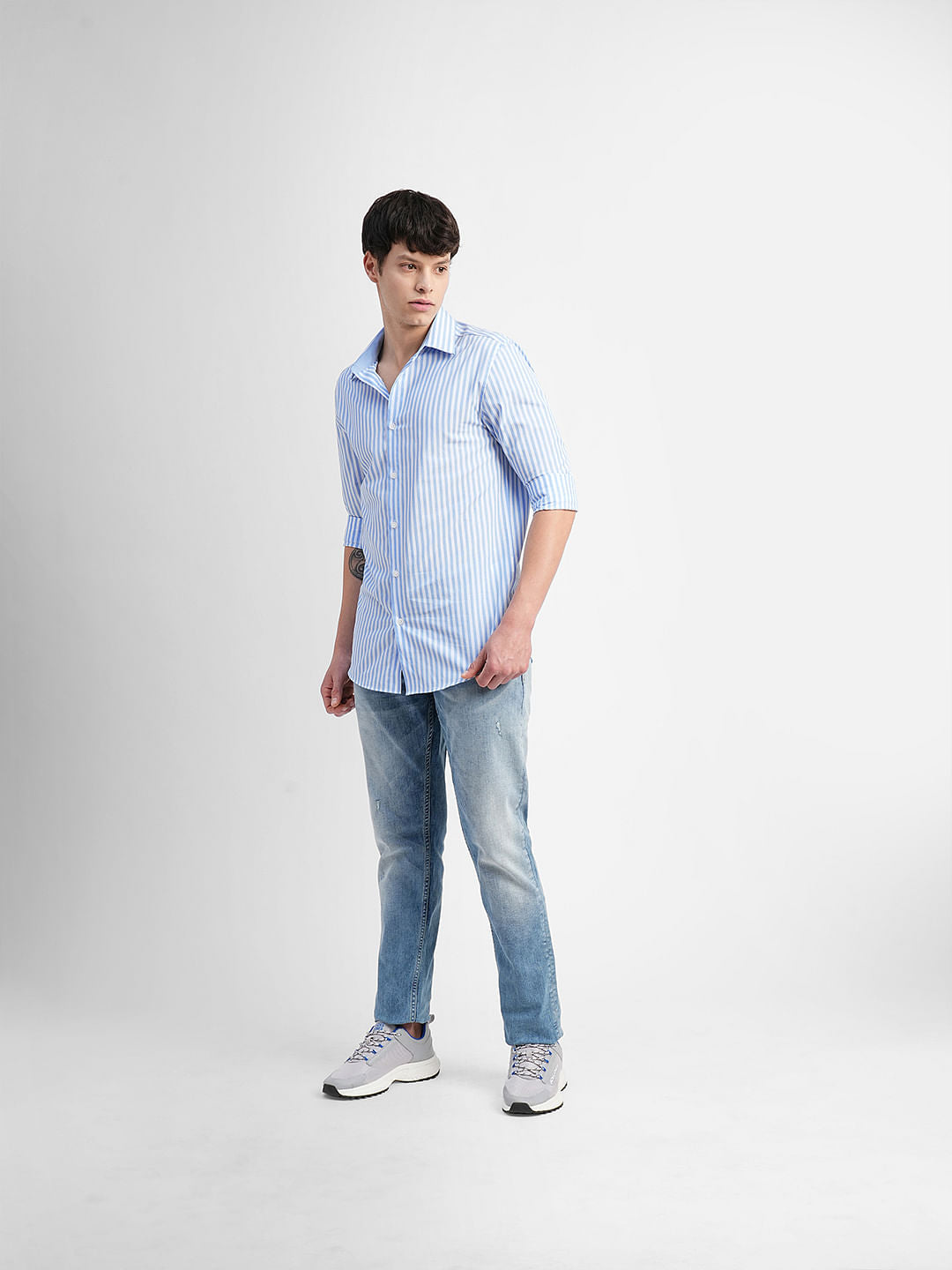 Blue & White Striped Full Sleeves Shirt