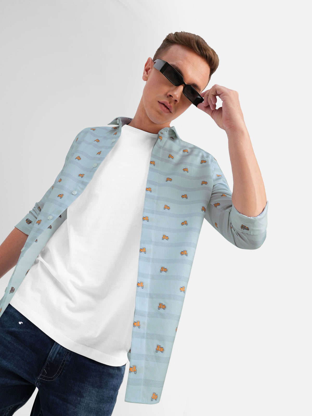 Blue Printed Full Sleeves Shirt - S