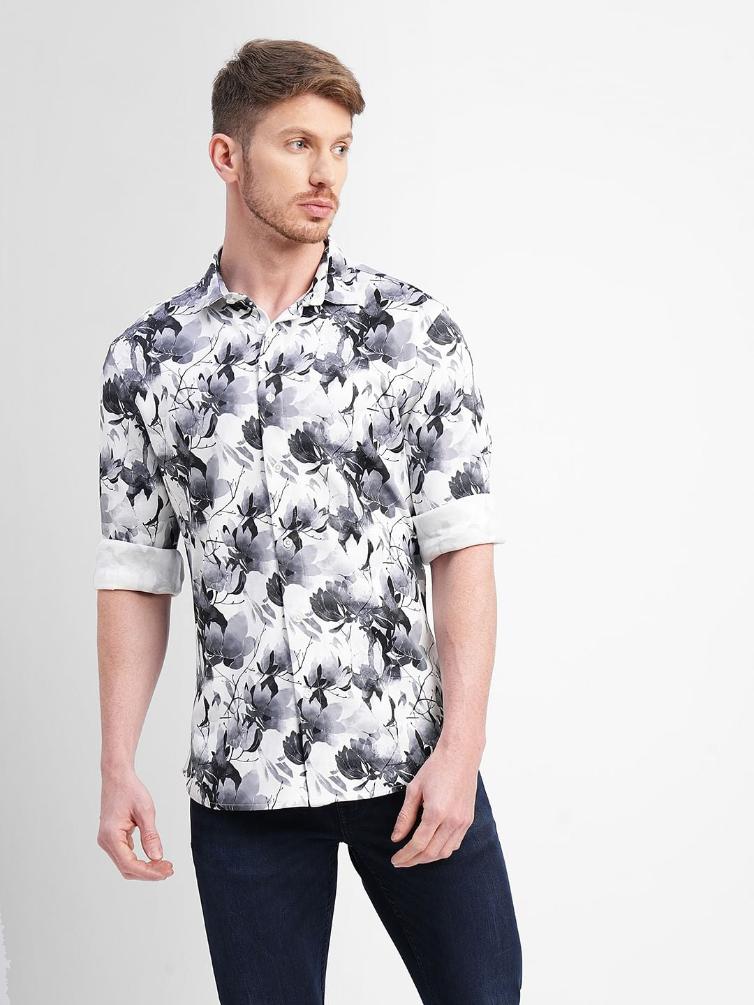 White Floral Print Full Sleeves Shirt