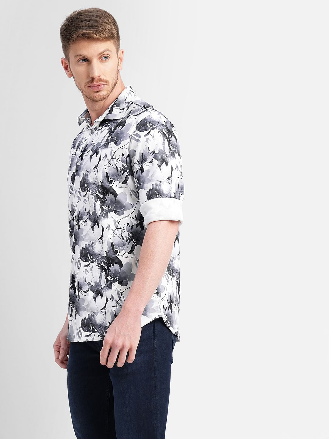 White Floral Print Full Sleeves Shirt