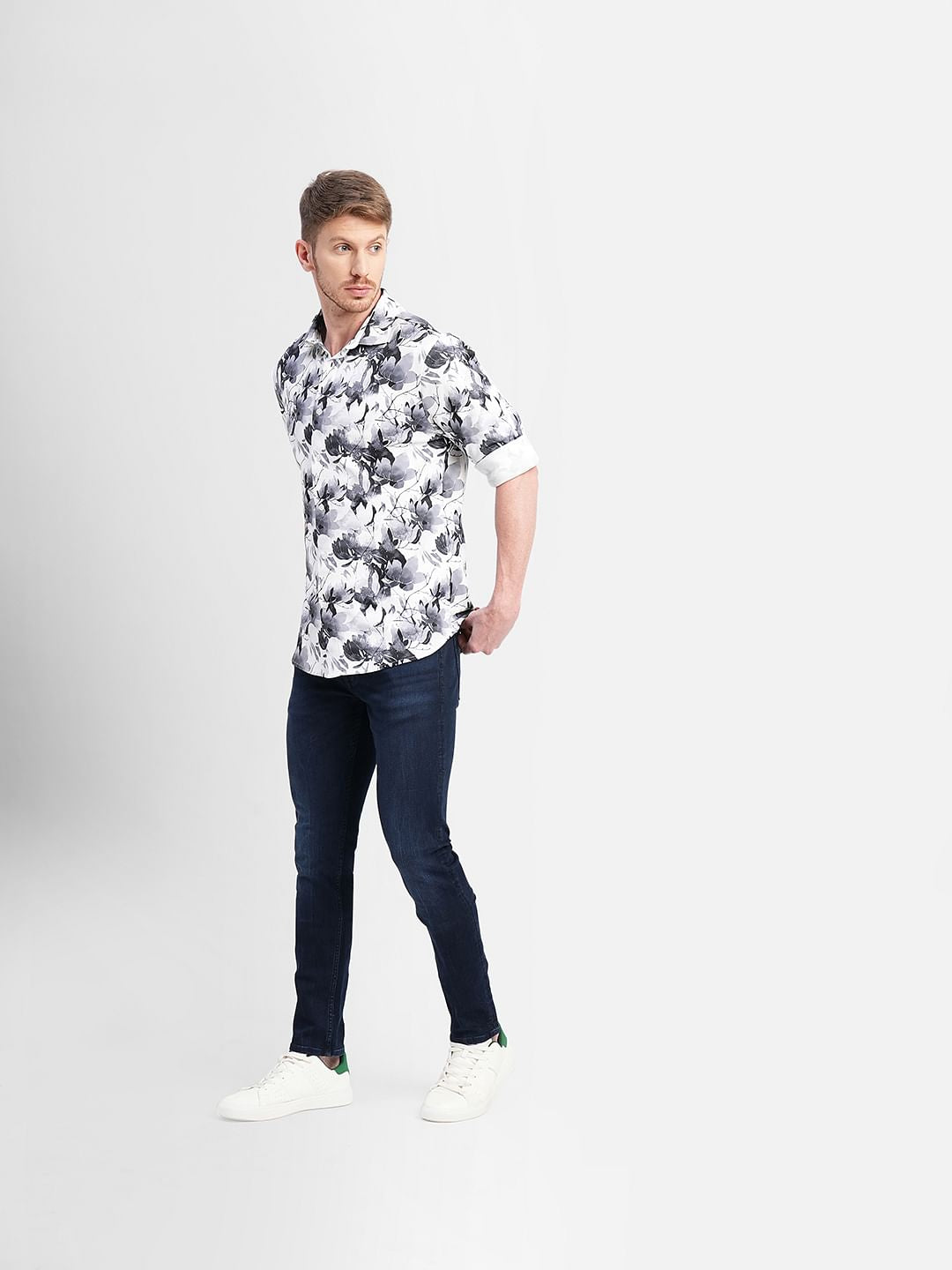 White Floral Print Full Sleeves Shirt