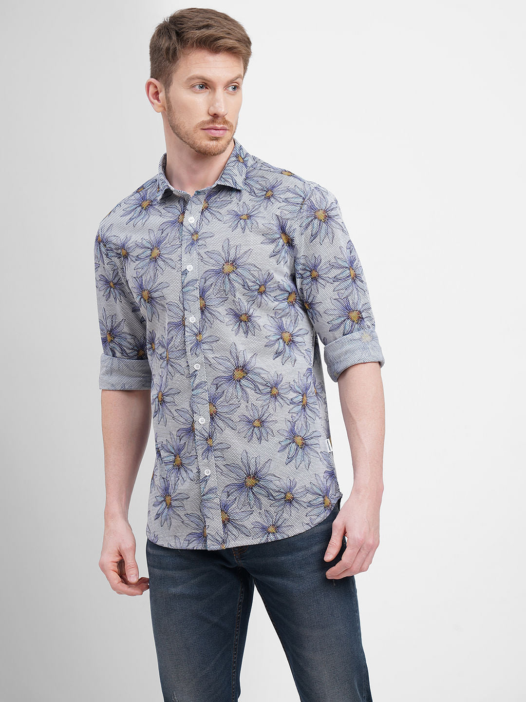 Blue Sunflower Print Full Sleeves Shirt