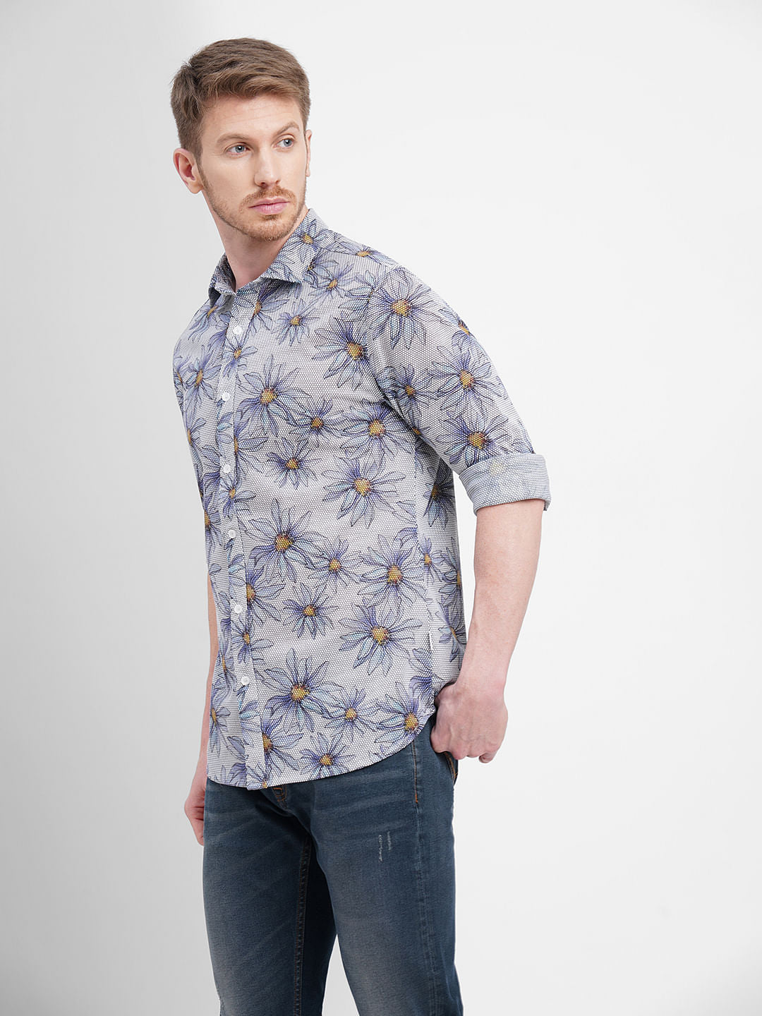 Blue Sunflower Print Full Sleeves Shirt