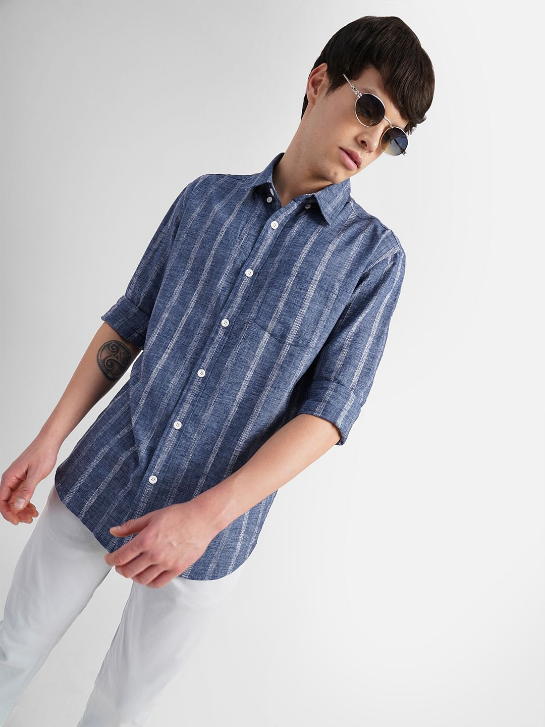 Dark Blue Striped Full Sleeves Shirt