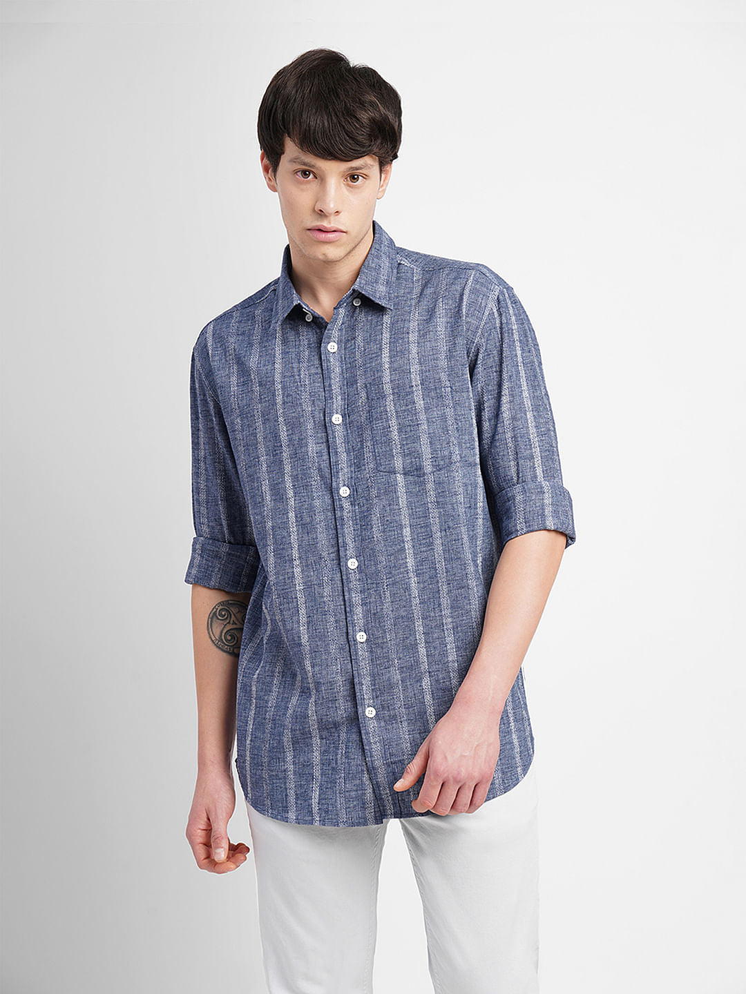 Dark Blue Striped Full Sleeves Shirt