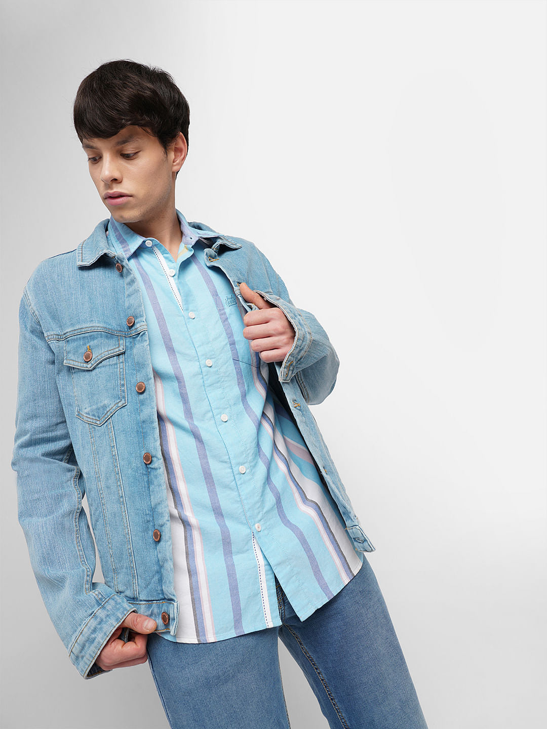 Light Blue Striped Full Sleeves Shirt - S