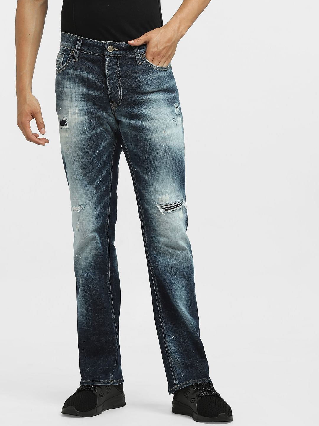 Blue Mid Rise Ripped Clark Regular Jeans