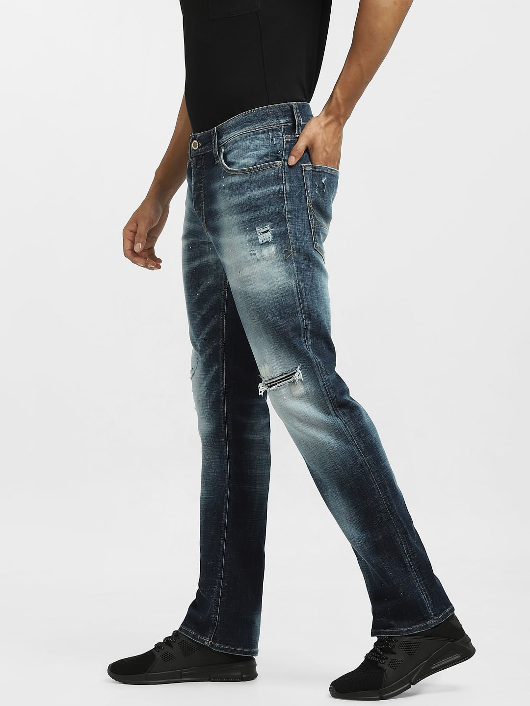 Blue Mid Rise Ripped Clark Regular Jeans