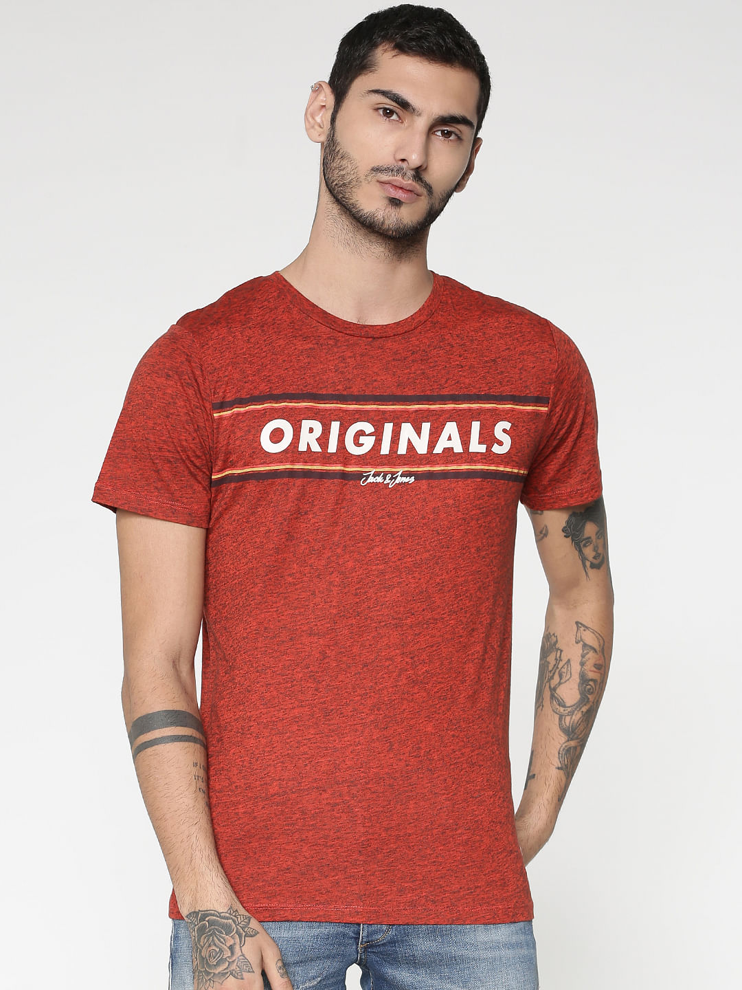 Red Text Print Slim Fit Crew Neck T-Shirt