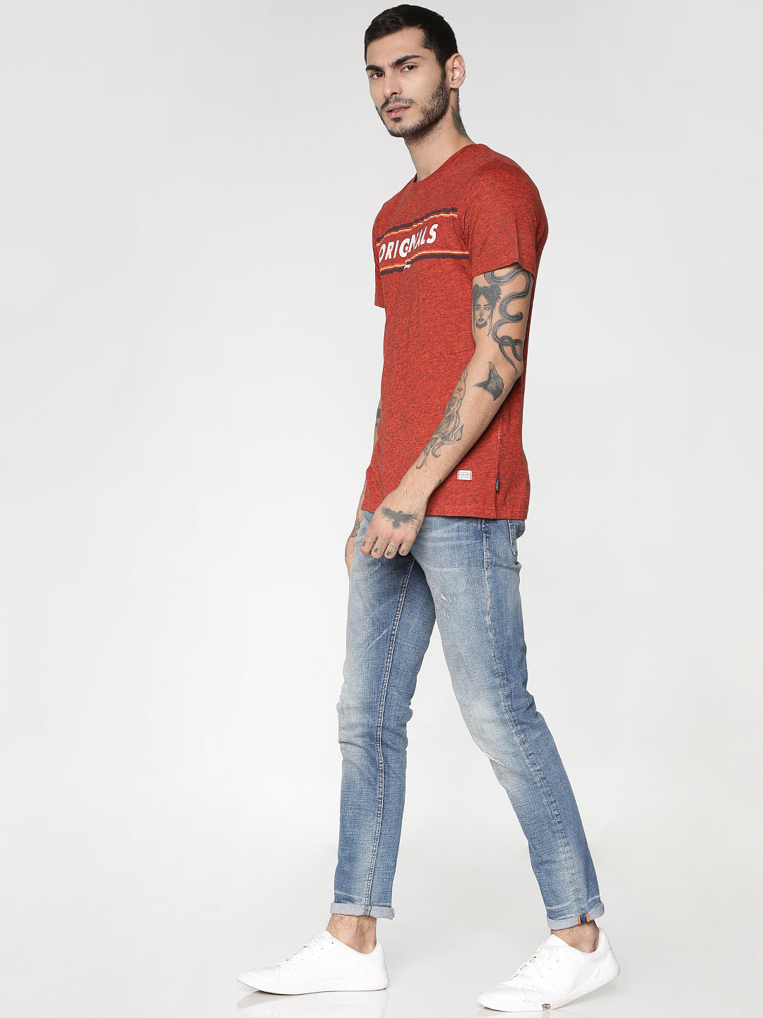 Red Text Print Slim Fit Crew Neck T-Shirt