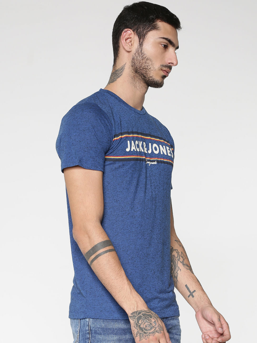 Blue Text Print Slim Fit Crew Neck T-Shirt