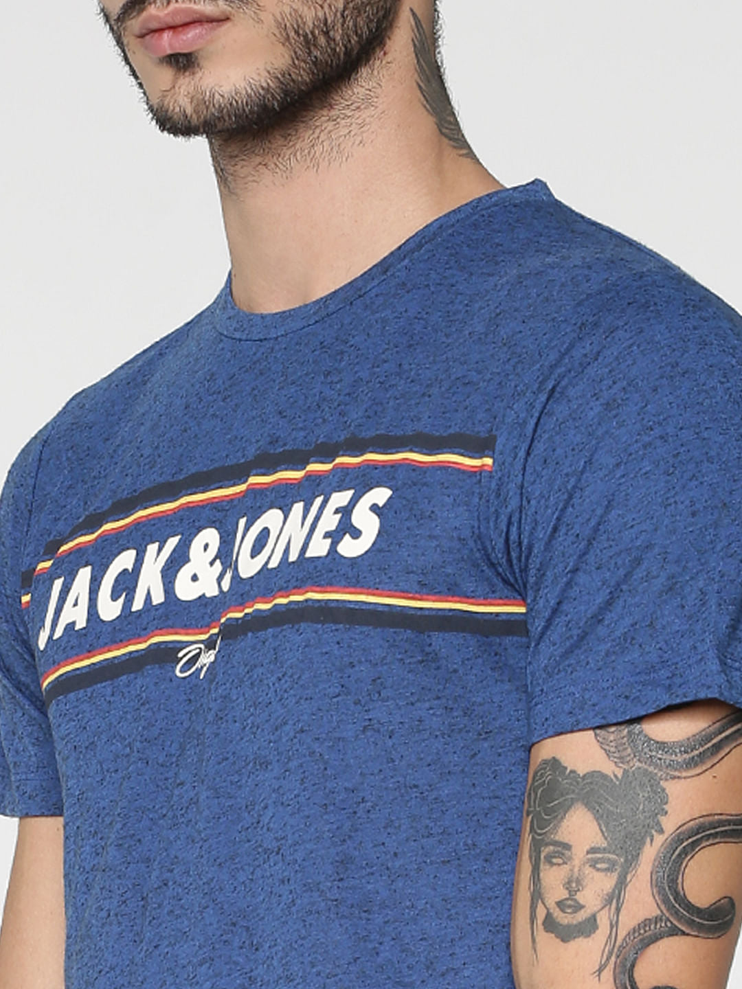 Blue Text Print Slim Fit Crew Neck T-Shirt