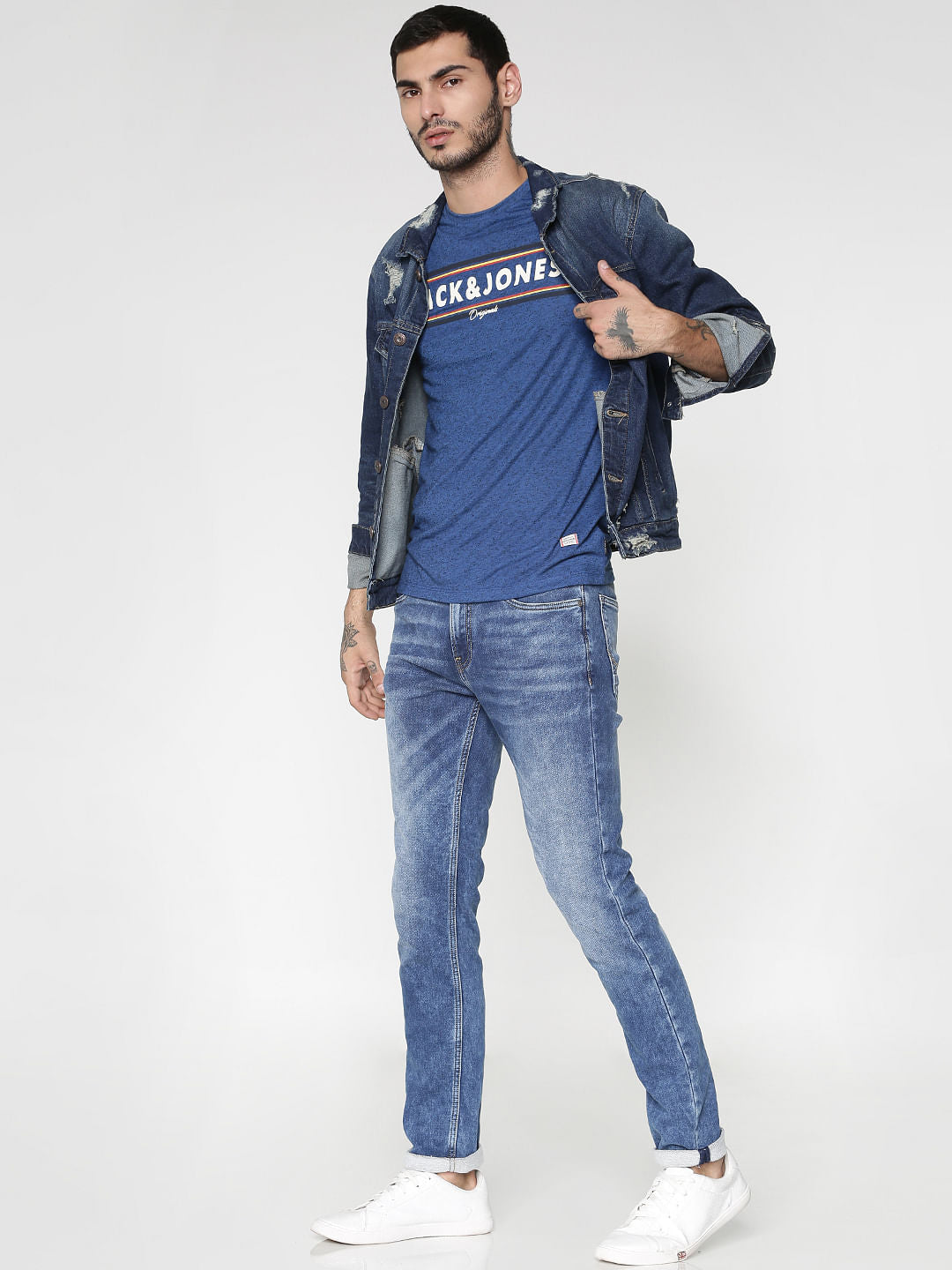 Blue Text Print Slim Fit Crew Neck T-Shirt