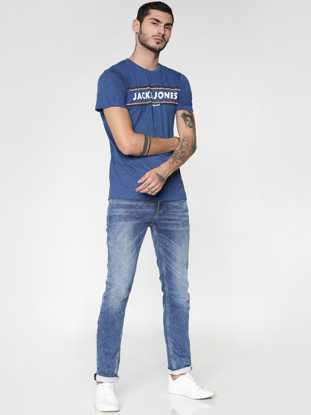 Blue Text Print Slim Fit Crew Neck T-Shirt