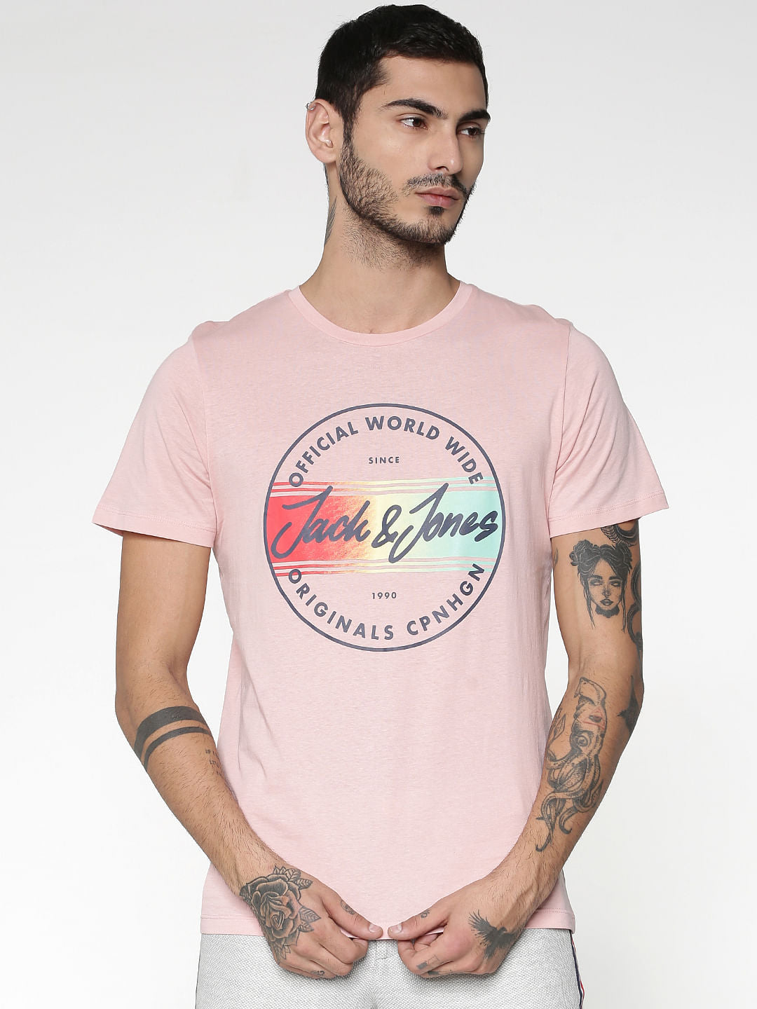 Pink Logo Print Slim Fit Crew Neck T-Shirt