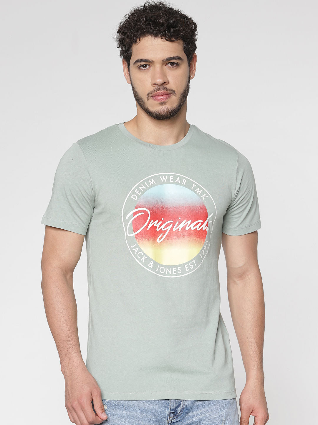 Green Printed Slim Fit Crew Neck T-Shirt - S