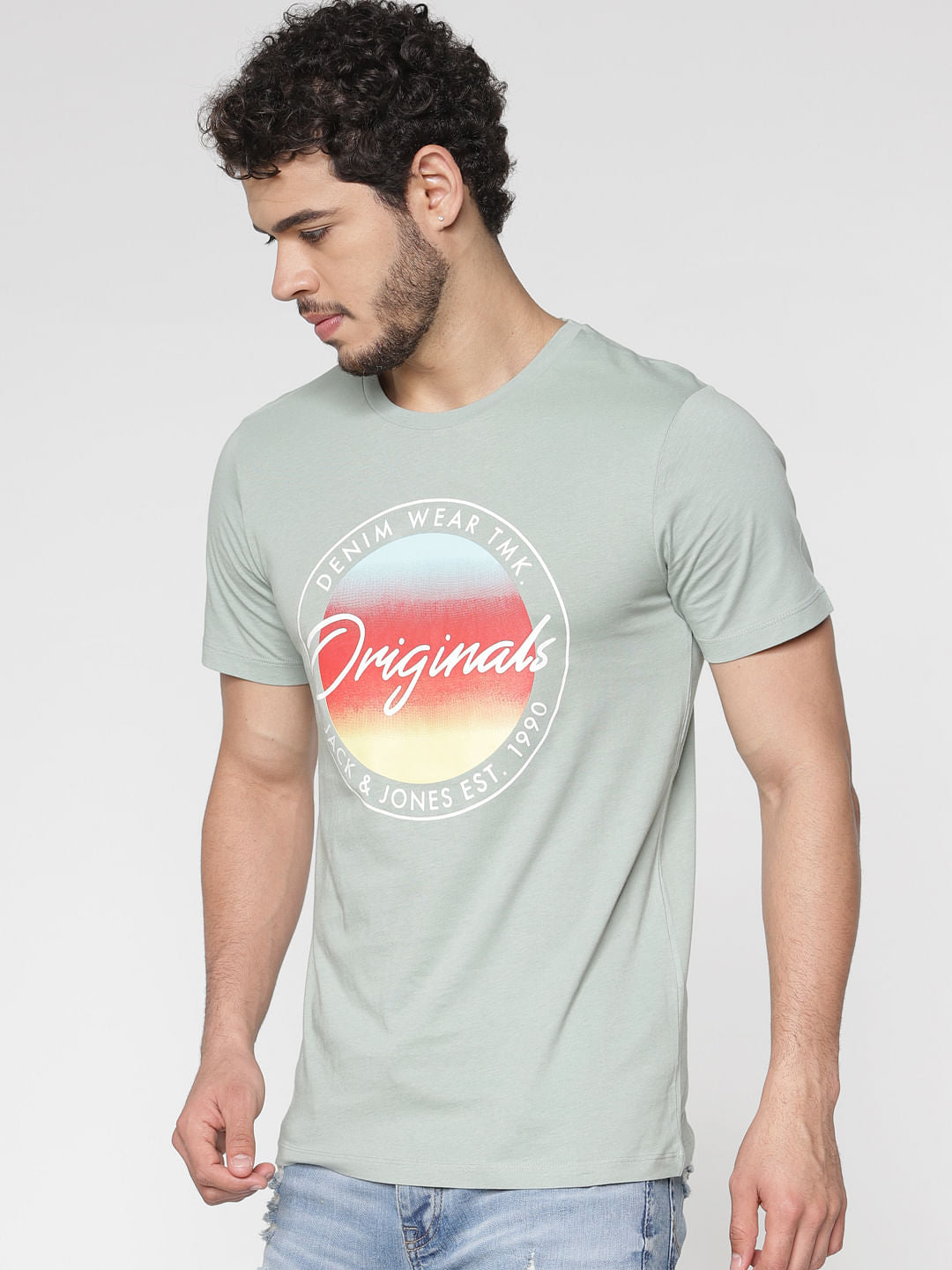 Green Printed Slim Fit Crew Neck T-Shirt