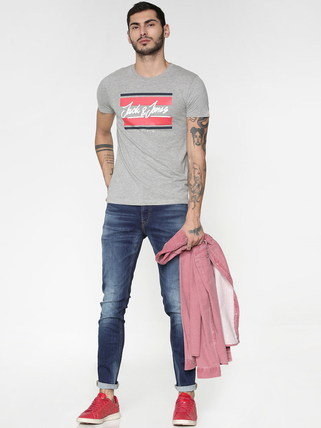 Grey Text Print Slim Fit Crew Neck T-Shirt
