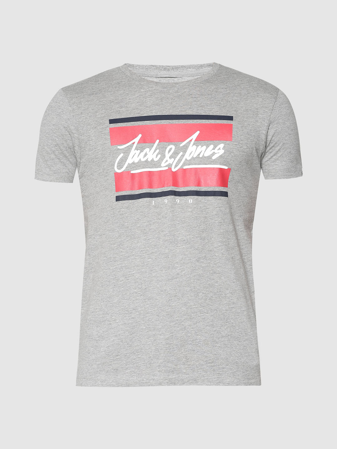 Grey Text Print Slim Fit Crew Neck T-Shirt