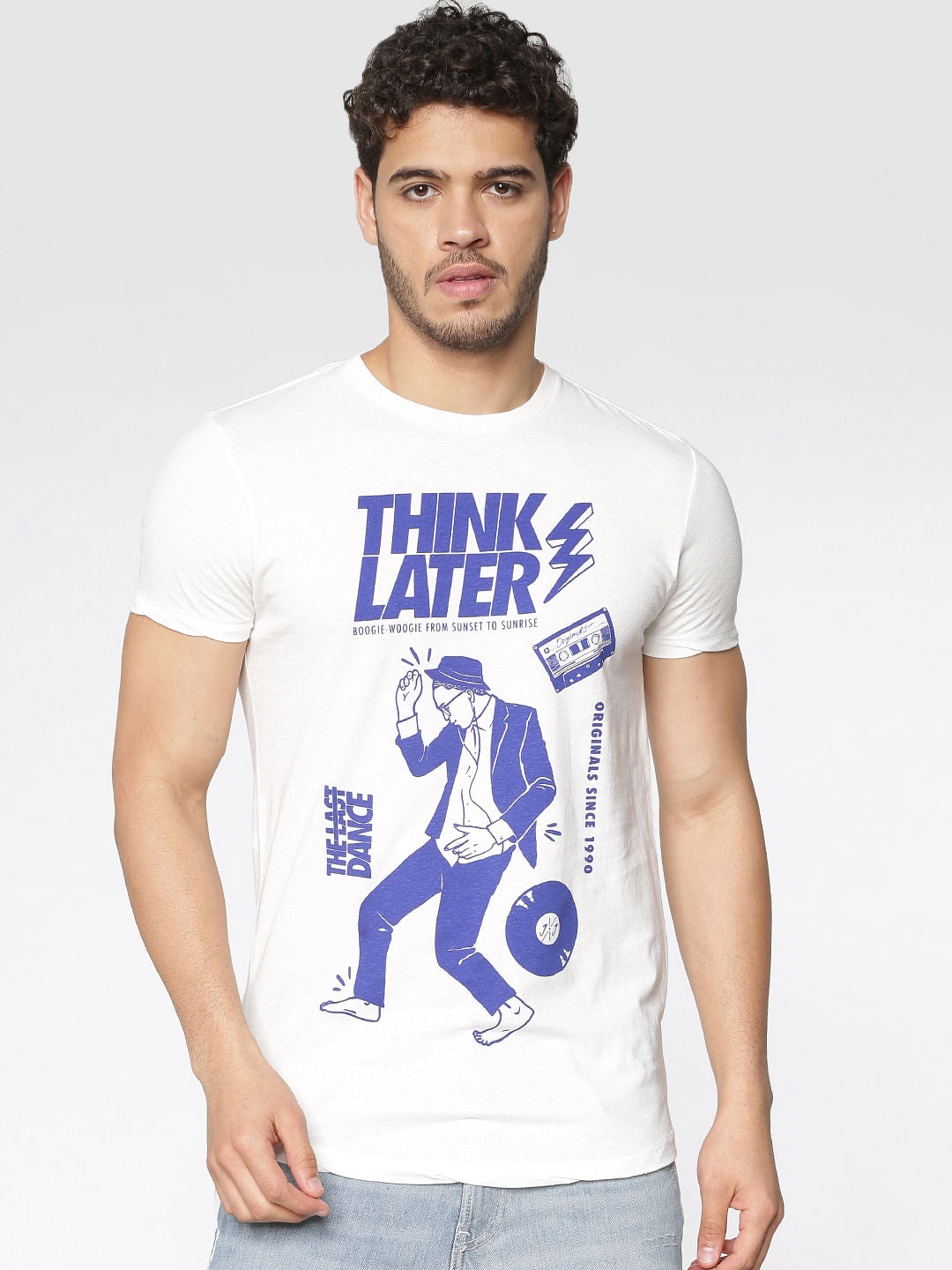 White Typographic Print Slim Fit Crew Neck T-Shirt - S