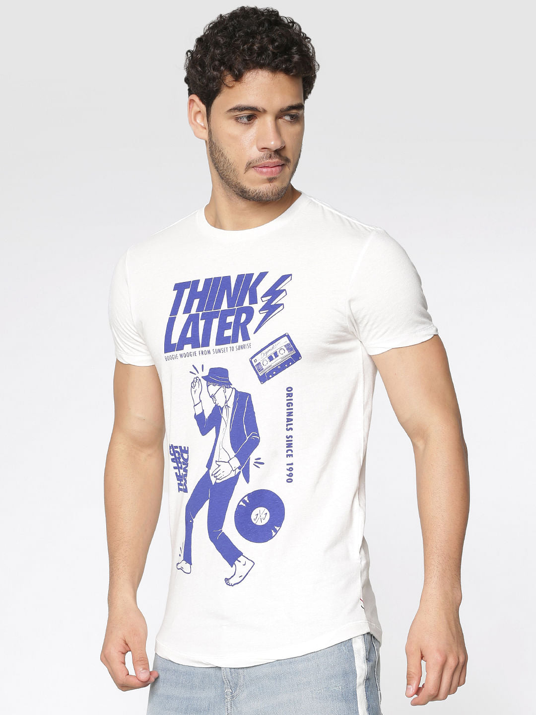 White Typographic Print Slim Fit Crew Neck T-Shirt
