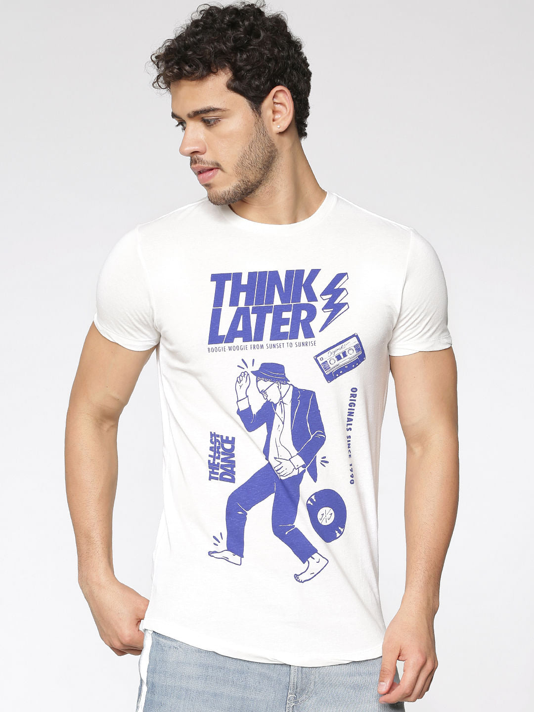 White Typographic Print Slim Fit Crew Neck T-Shirt