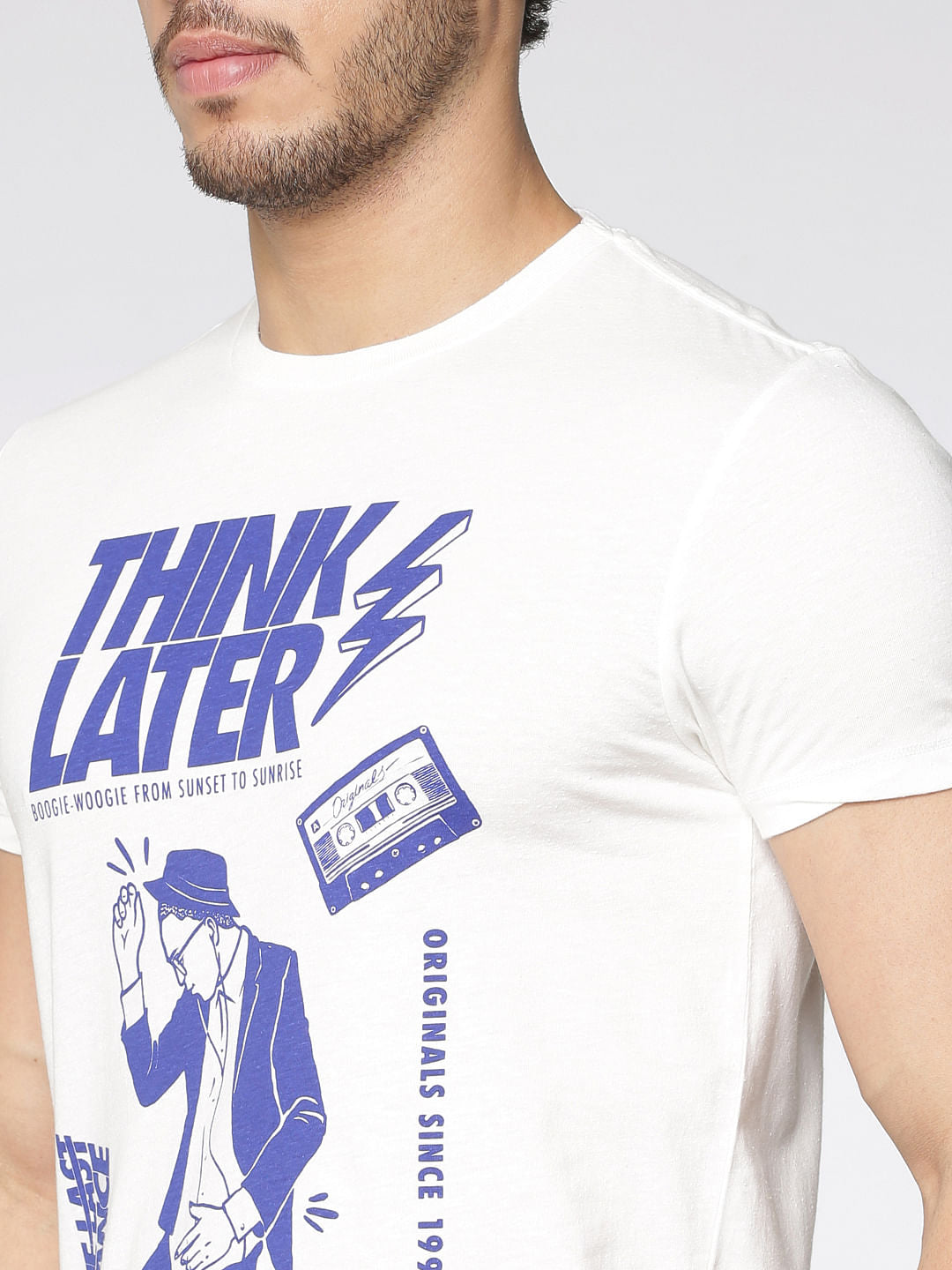 White Typographic Print Slim Fit Crew Neck T-Shirt