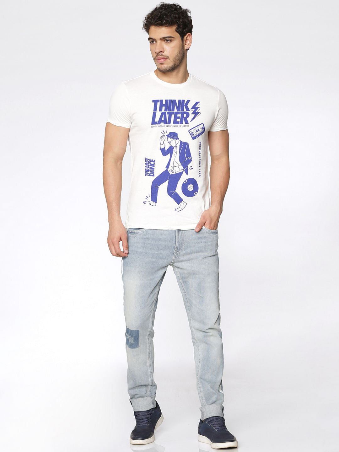 White Typographic Print Slim Fit Crew Neck T-Shirt