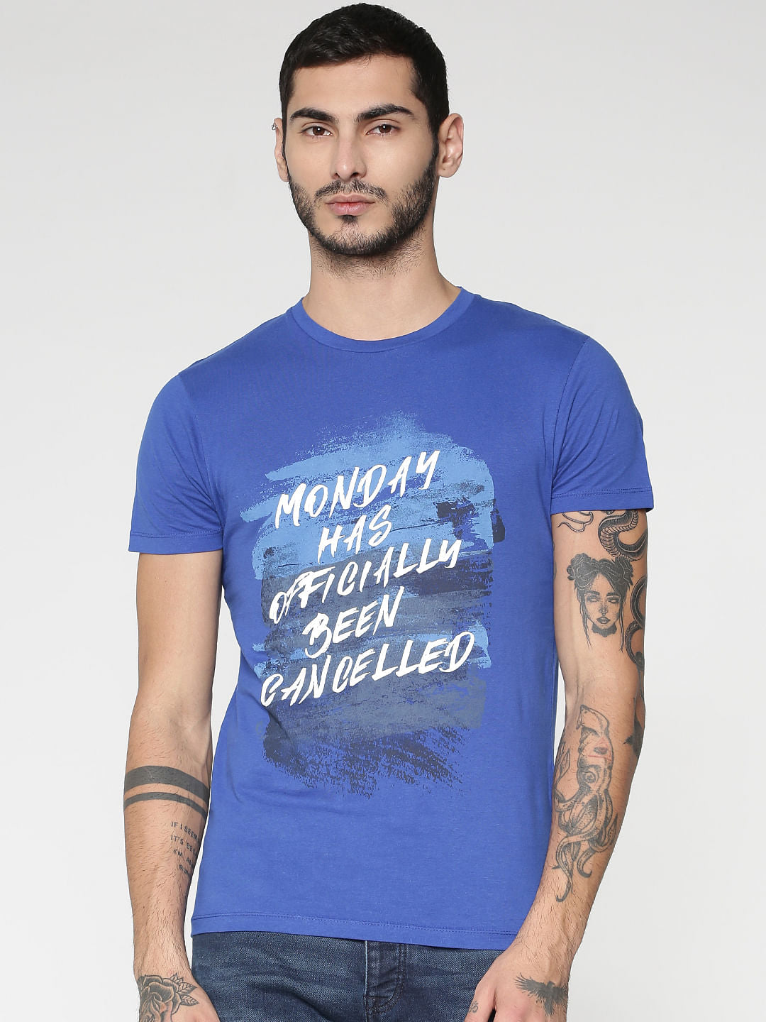 Blue Text Print Slim Fit Crew Neck T-Shirt - S
