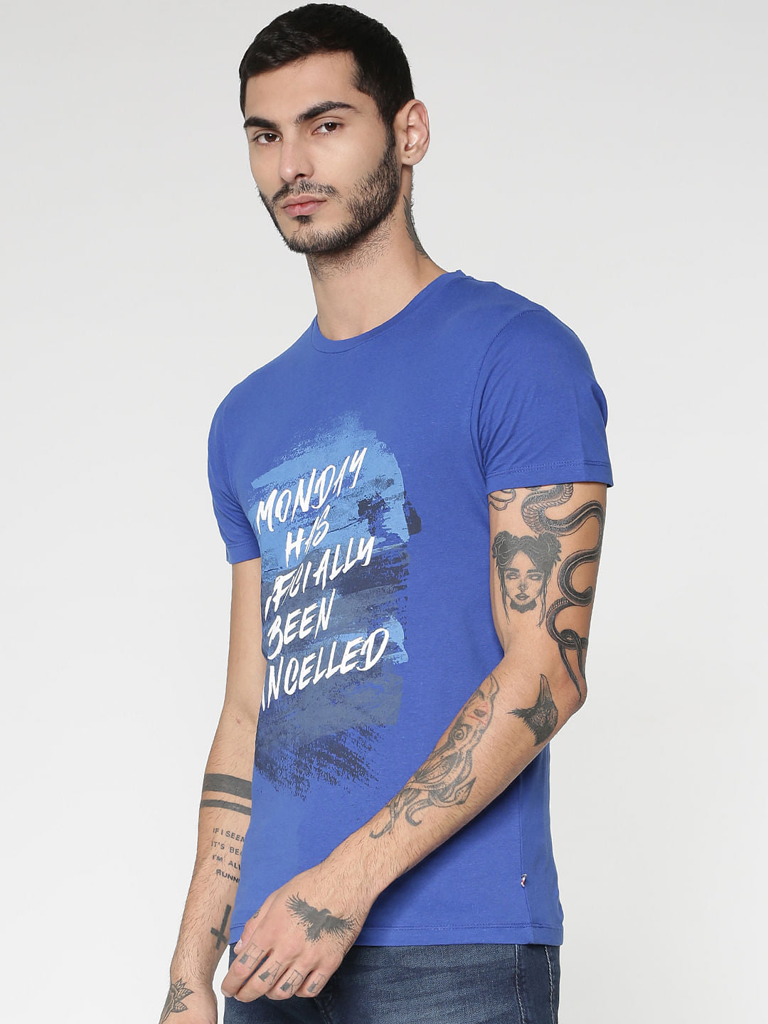 Blue Text Print Slim Fit Crew Neck T-Shirt