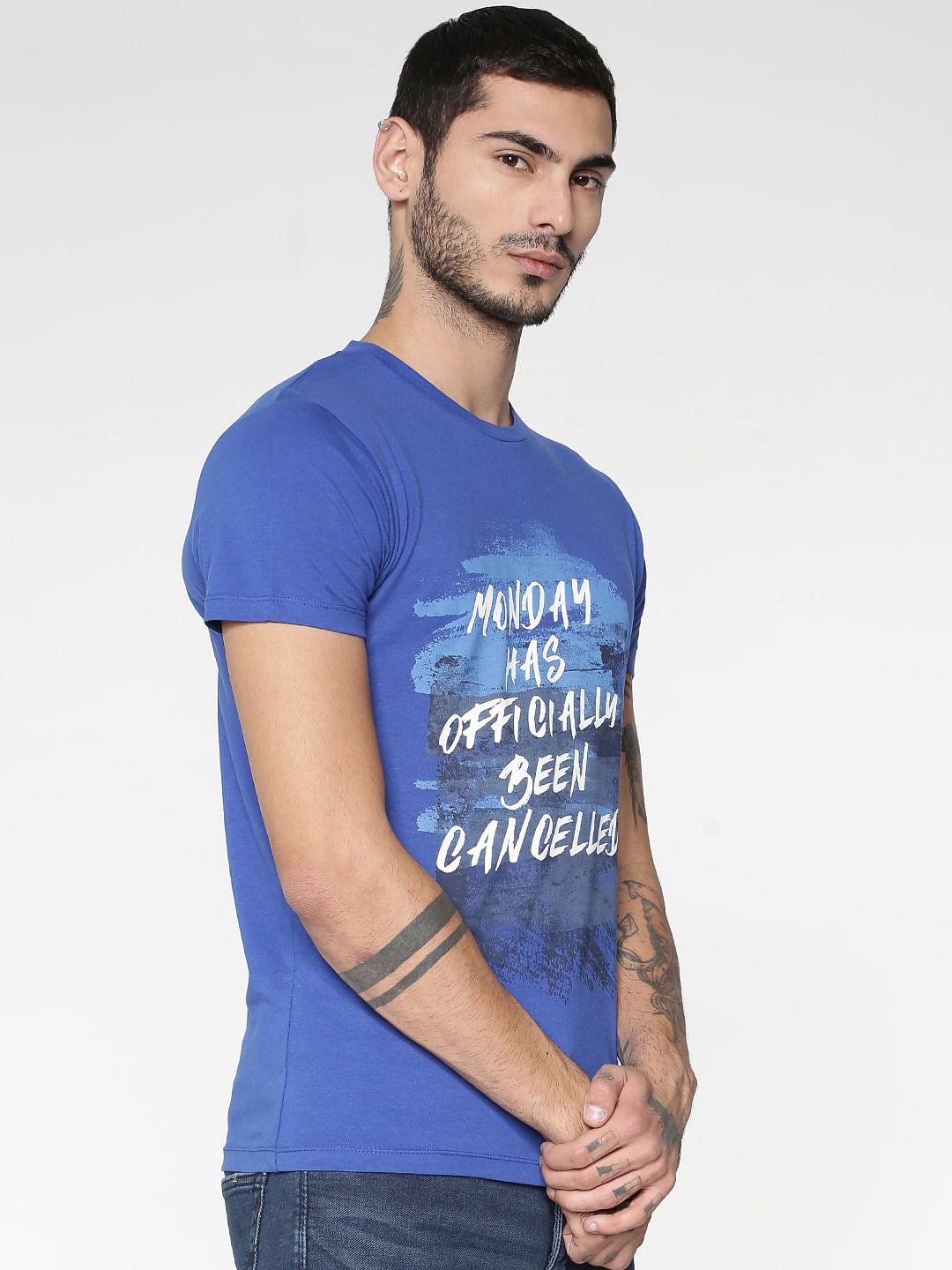 Blue Text Print Slim Fit Crew Neck T-Shirt