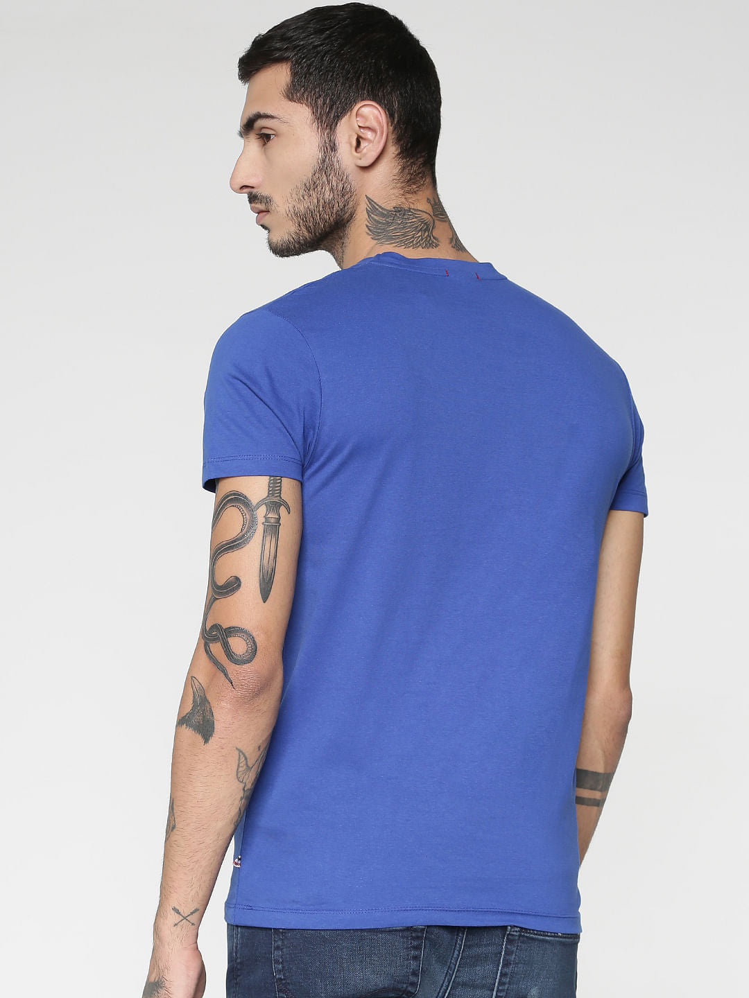 Blue Text Print Slim Fit Crew Neck T-Shirt