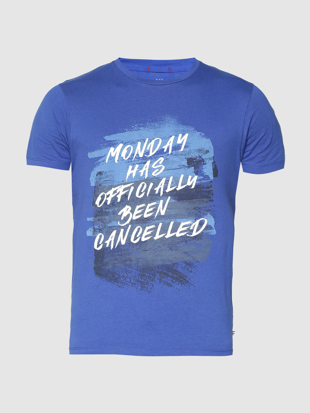 Blue Text Print Slim Fit Crew Neck T-Shirt