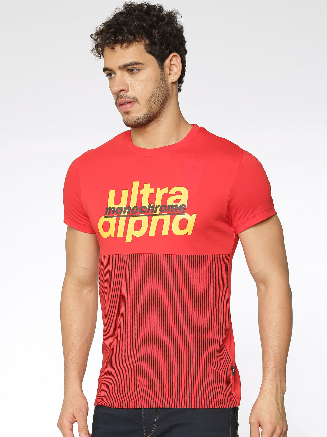 Red Text And Print Blocked Slim Fit Crew Neck T-Shirt