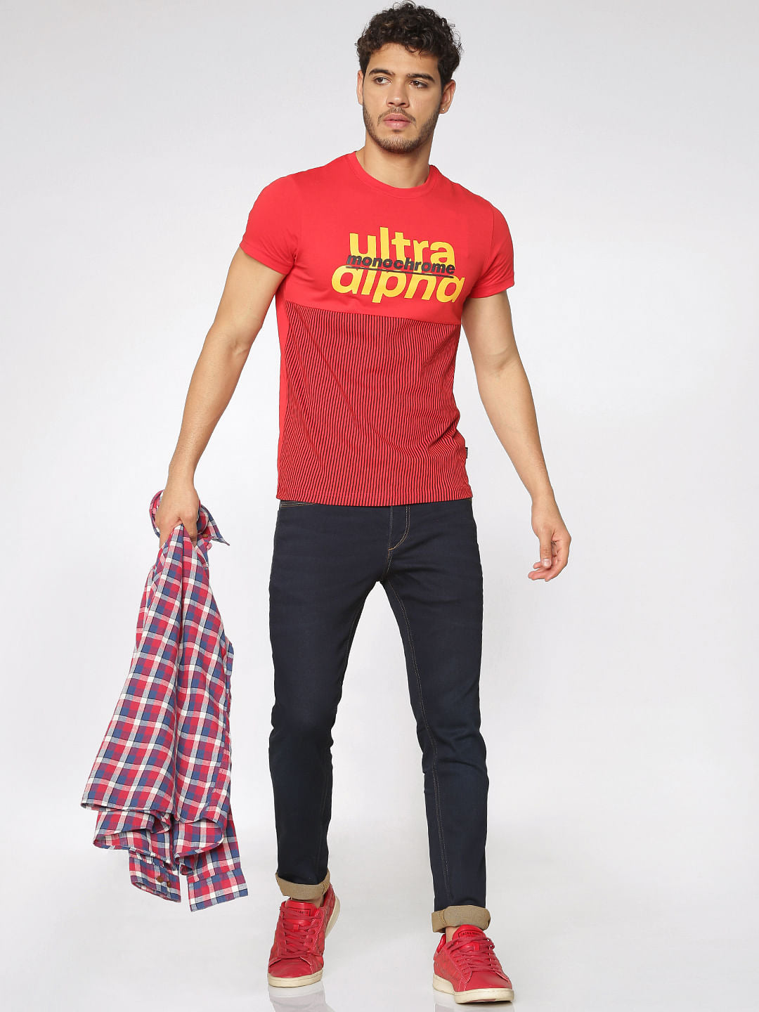 Red Text And Print Blocked Slim Fit Crew Neck T-Shirt