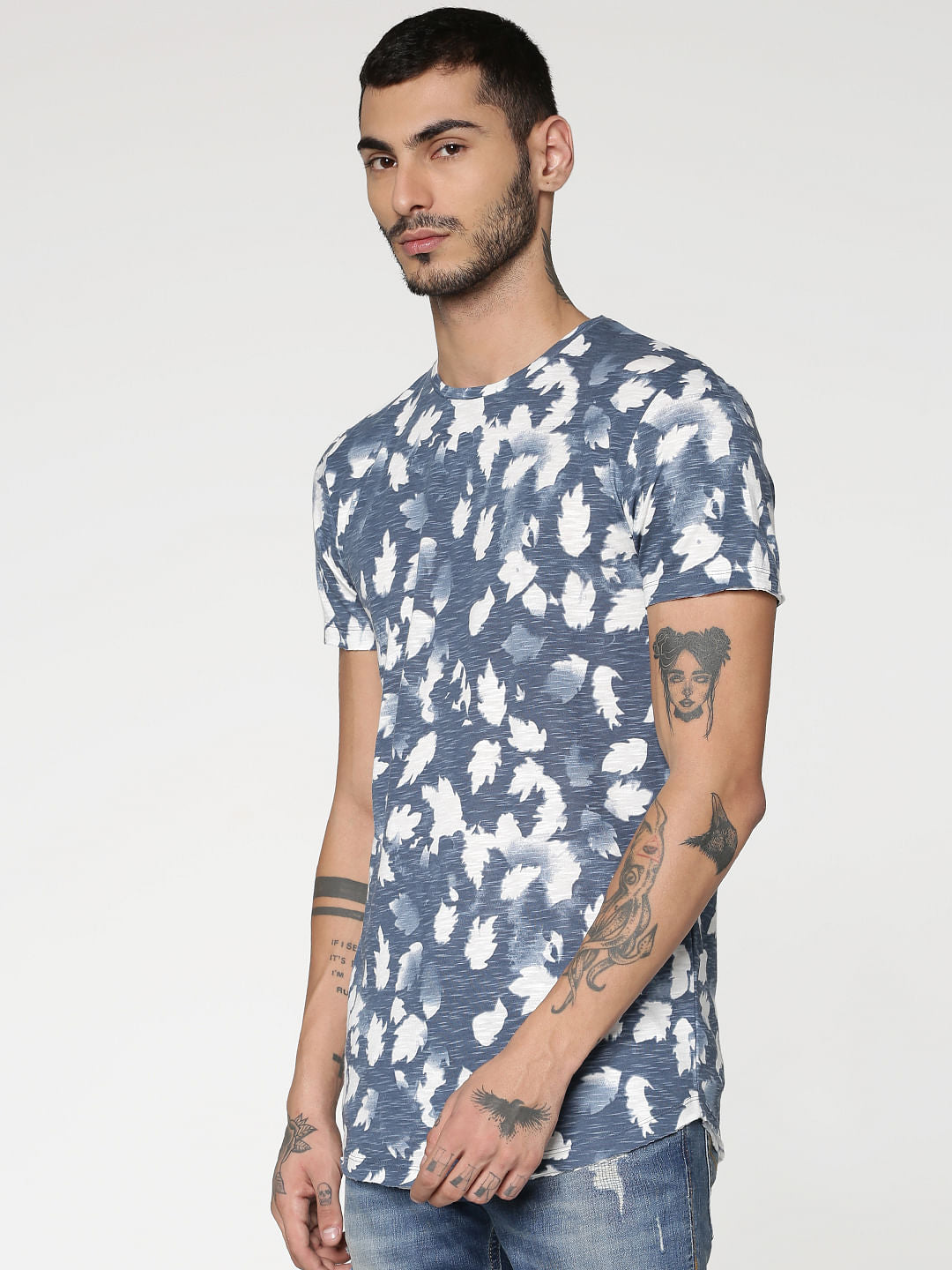 White And Blue All Over Tropical Print Slim Fit Crew Neck T-Shirt - S