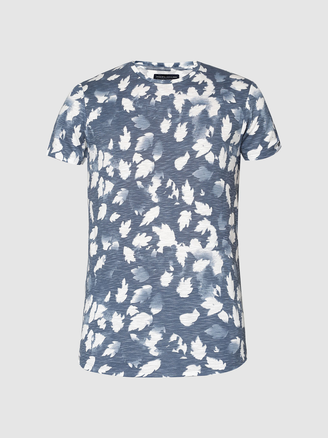 White And Blue All Over Tropical Print Slim Fit Crew Neck T-Shirt