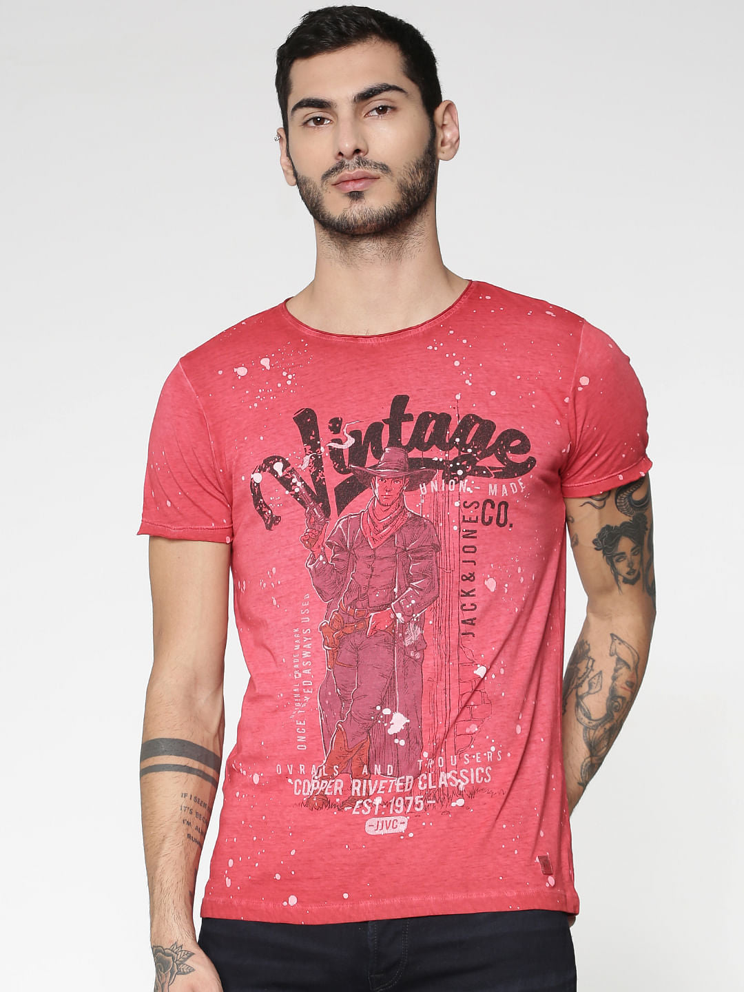Red Graphic Print Washed Effect Slim Fit Crew Neck T-Shirt - S