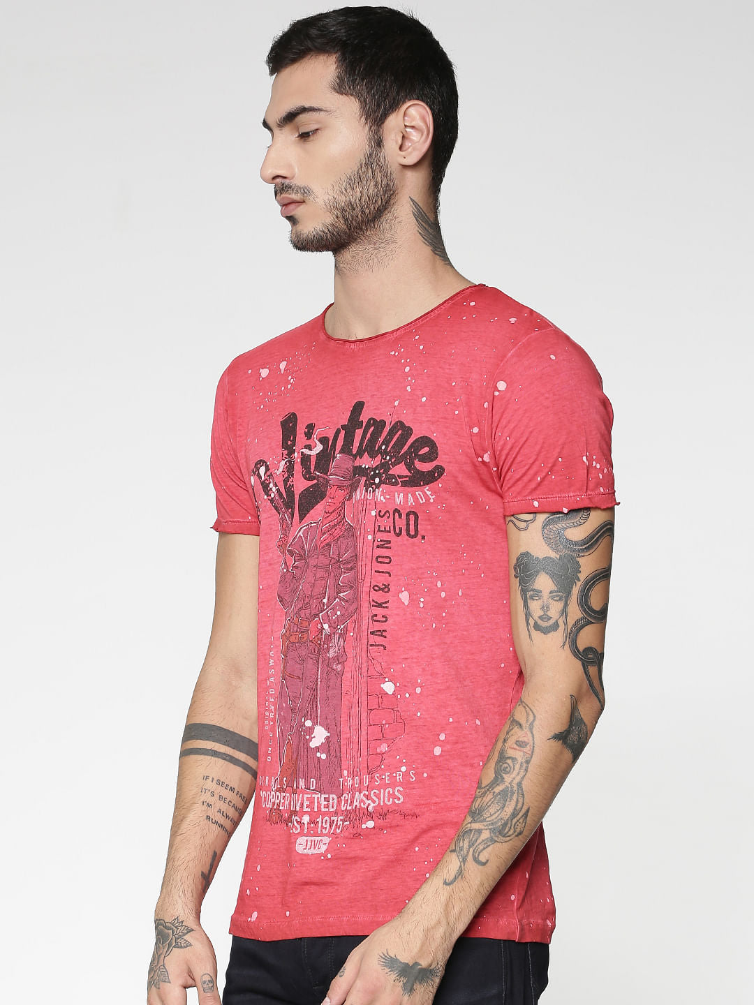 Red Graphic Print Washed Effect Slim Fit Crew Neck T-Shirt