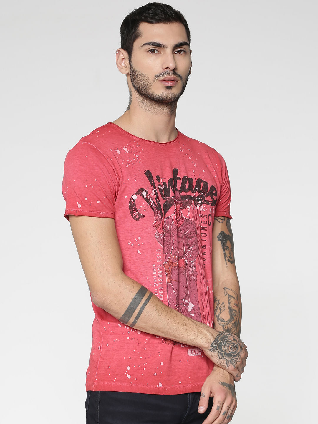 Red Graphic Print Washed Effect Slim Fit Crew Neck T-Shirt