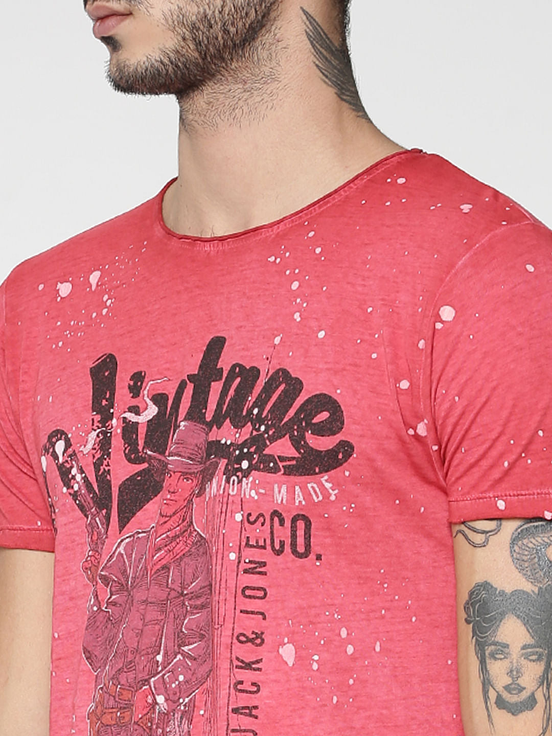 Red Graphic Print Washed Effect Slim Fit Crew Neck T-Shirt