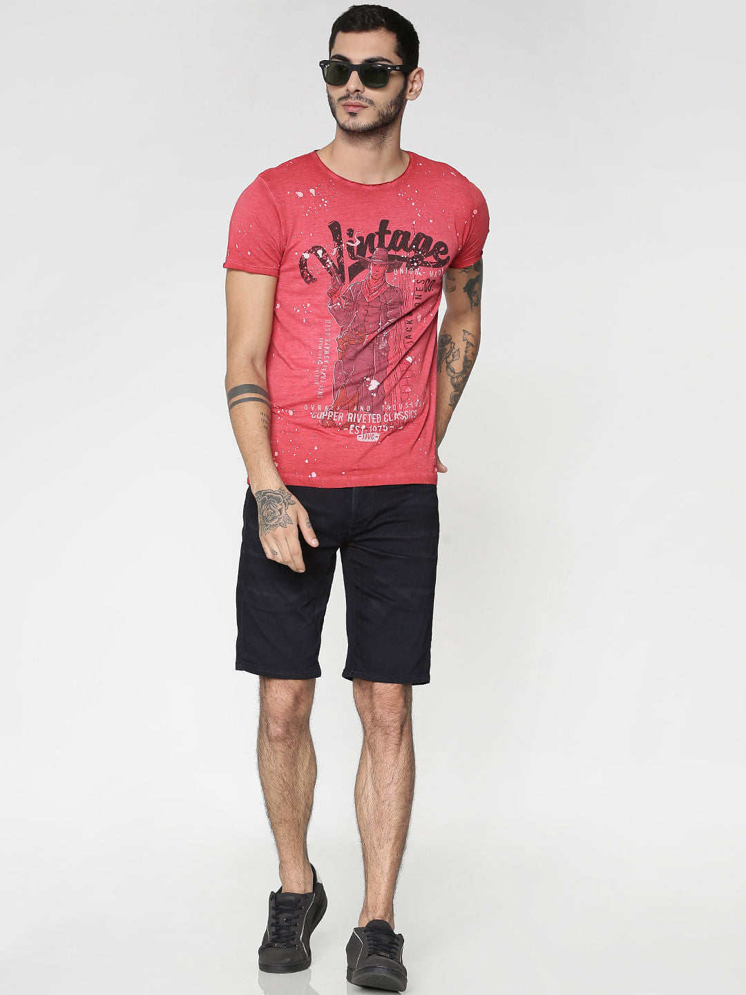 Red Graphic Print Washed Effect Slim Fit Crew Neck T-Shirt