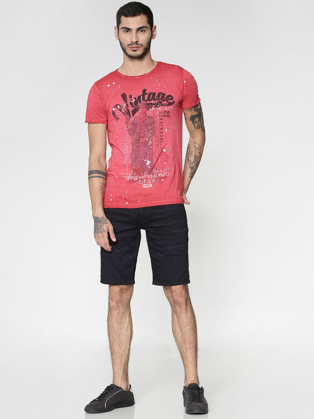 Red Graphic Print Washed Effect Slim Fit Crew Neck T-Shirt