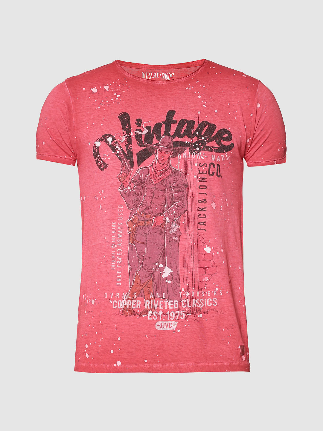 Red Graphic Print Washed Effect Slim Fit Crew Neck T-Shirt