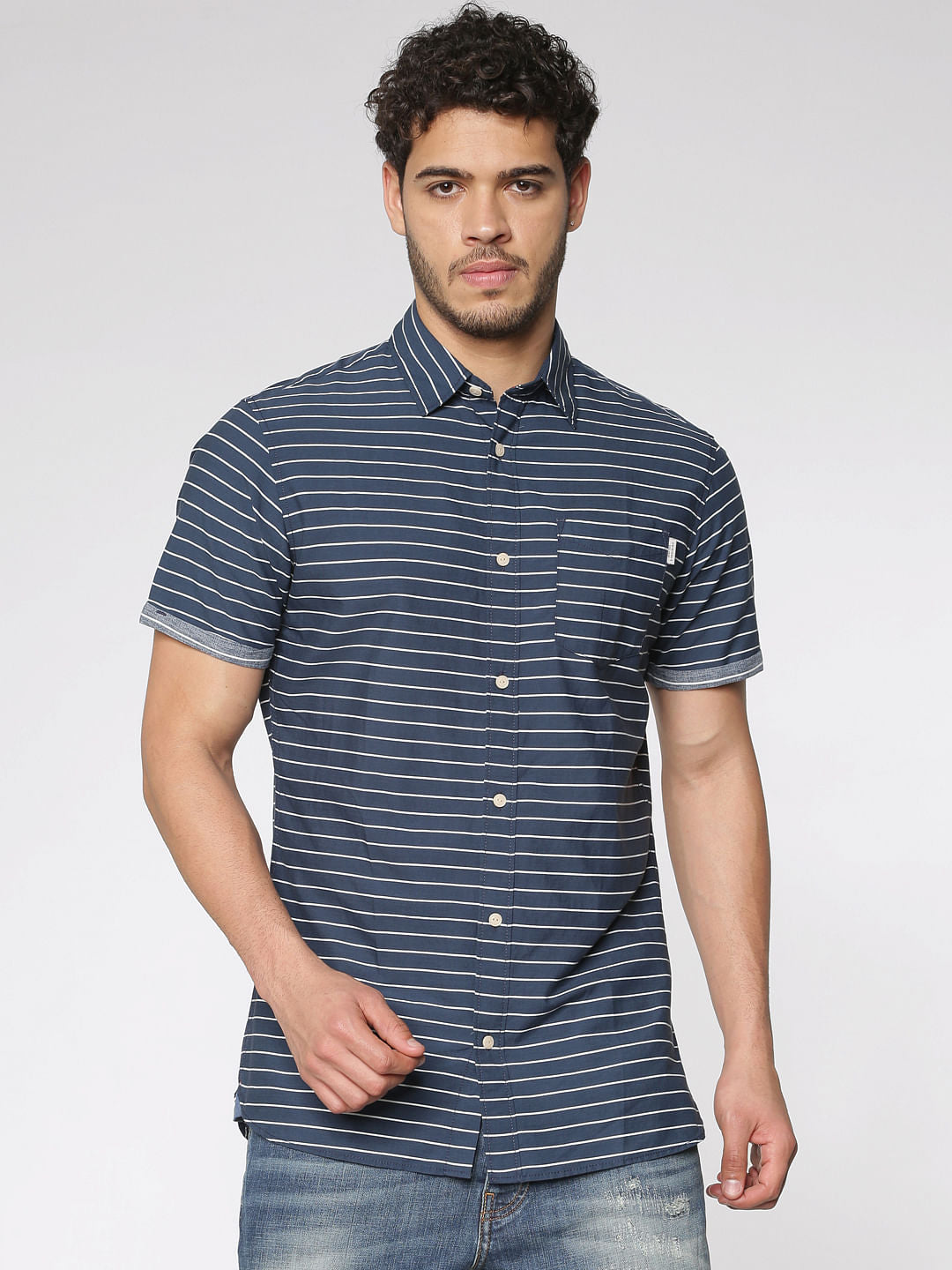 Blue Striped Slim Fit Short Sleeves Shirt - S