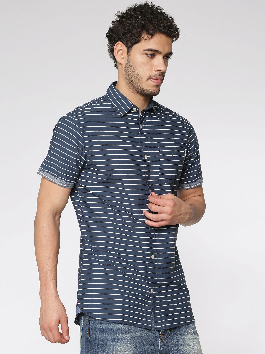 Blue Striped Slim Fit Short Sleeves Shirt